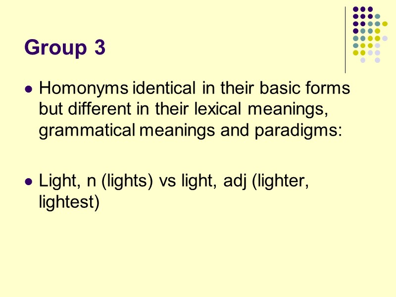 Group 3 Homonyms identical in their basic forms but different in their lexical meanings,